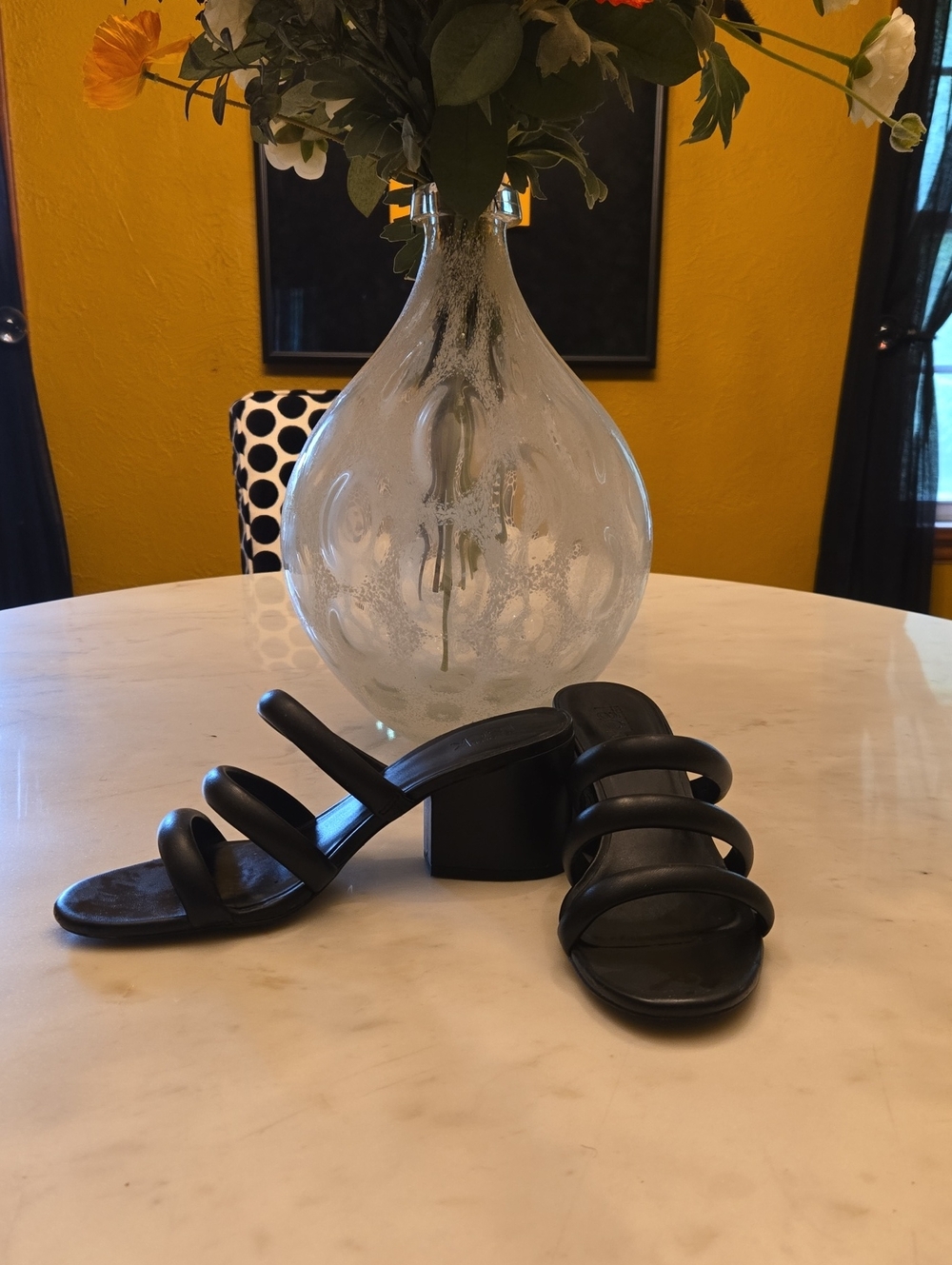 Women's Black Triple-Strap Block Heel Mules